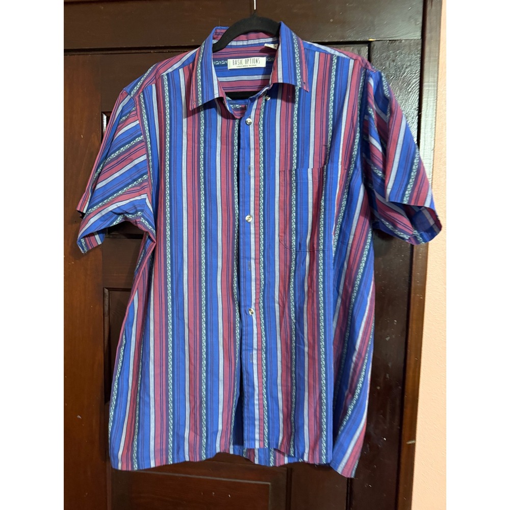 Basic Options Mens Large Blue Vintage Striped Short Sleeve Button Down Shirt